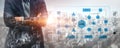 Professional Businessman Overlooking Modern Cityscape with Digital Flow Chart and Data Visualization for Business Royalty Free Stock Photo