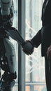 Professional businessman in a suit engages in a handshake with a humanoid robot by a window, symbolizing co-existance of