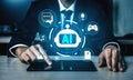 Professional Businessman Using Tablet with Artificial Intelligence Interface and Digital Icons for Technology and Royalty Free Stock Photo