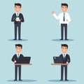 Professional businessman in various poses with tablet, gesturing, and laptops. Confident male office worker in a suit