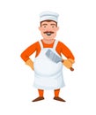 Professional butcher man cartoon set. Chef posing in apron, gloves with knife hatchet in his hand