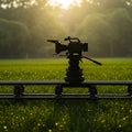 A professional camera is set on a dolly track positioned on a grassy field. The setup is Royalty Free Stock Photo