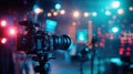 A professional camera set up in a studio with vibrant lighting for photography or filming Royalty Free Stock Photo