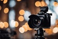 Professional camera set up on a tripod, AI-generated. Royalty Free Stock Photo
