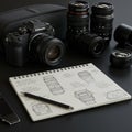 A professional camera setup on a dark surface includes a digital camera