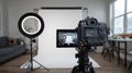 Professional camera setup with ring light in photography studio Royalty Free Stock Photo