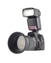 Professional camera with telephoto lens and flash Royalty Free Stock Photo