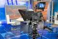 Professional camera with teleprompter in the Studio before live.