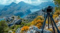 Professional Camera on Tripod Overlooking Scenic Mountain Landscape