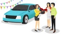 Professional Car Dealer Vector. Business seller women send big key for new car to customer. Royalty Free Stock Photo