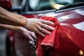 Professional car detailing with washcloth by unidentifiable person in a bright and wide shot