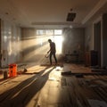 Professional Carpenter installing floor. House Renovate concept. Generative AI