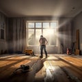 Professional Carpenter installing floor. House Renovate concept. Generative AI