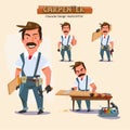 professional carpenter in various action with typographic. careers character design - vector