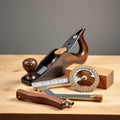 A professional carpentry tool display featuring precision tools like a block plane calipers and a measuring wheel captured in soft