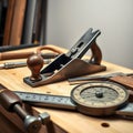 A professional carpentry tool display featuring precision tools like a block plane calipers and a measuring wheel captured in soft