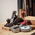 A professional carpentry tool display featuring precision tools like a block plane calipers and a measuring wheel captured in soft
