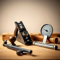A professional carpentry tool display featuring precision tools like a block plane calipers and a measuring wheel captured in soft