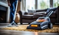 Professional carpet cleaning service in action with a worker using a steam cleaner to deep clean a beige carpet in a modern living Royalty Free Stock Photo