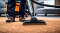 Professional Carpet Cleaning Service. Janitor Using Vacuum Cleaner. Generative Ai