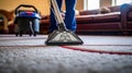 Professional Carpet Cleaning Service. Janitor Using Vacuum Cleaner. Generative Ai