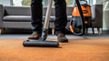 Professional Carpet Cleaning Service. Janitor Using Vacuum Cleaner. Generative Ai Royalty Free Stock Photo