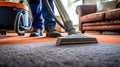 Professional Carpet Cleaning Service. Janitor Using Vacuum Cleaner. Generative Ai