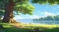 Professional Cartoon Landscape With Canopy Tree And Beautiful Morning Sunlight