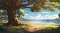 Beautiful Environmental Cartoon Illustration With Large Canopy Tree