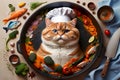 professional cat chef cooking fish, top view Royalty Free Stock Photo
