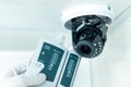 Professional cctv technician is working. A technician checks a CCTV camera. Royalty Free Stock Photo