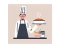 Professional chef in apron and cap holding cake. Cooking with kitchenware in restaurant