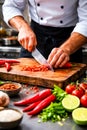 Professional Chef Chopping Fresh Red Chili Peppers In Modern Kitchen Environment Royalty Free Stock Photo