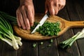 Professional chef cuts green onion leaves on a vintage cutting board before preparing a delicious dish or a vegetarian diet Royalty Free Stock Photo