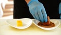 Professional chef hands oozes a piece of salmon