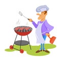 Professional chef makes Beef steak. Chef in a cooking hat. Cook at work. ÃÂ¡hef cooking gourmet meal. Cartoon cook - chef Royalty Free Stock Photo
