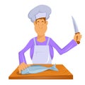 Professional chef makes fish. Chef in a cooking hat. Cook at work. ÃÂ¡hef cooking gourmet meal. Cartoon cook - chef in uniform.