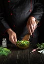 Professional chef prepares food from fresh vegetables in the kitchen. Lettuce salad prepared by the cook hands. Vegetarian cuisine Royalty Free Stock Photo