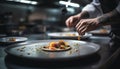 Professional chef prepares gourmet seafood meal in commercial kitchen generated by AI Royalty Free Stock Photo