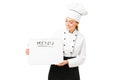 Professional chef reading the menu in a blackboard Royalty Free Stock Photo
