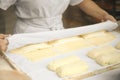 Professional chef rolling dough in the kitchen. Commercial bakery Royalty Free Stock Photo