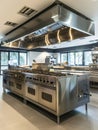 Professional chef's kitchen interior with expansive stainless steel workspaces and a robust gas cooking range.