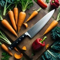 Chef\'s Knife and Fresh Vegetables Arranged on a Wooden Cutting Board carrots bell peppers Royalty Free Stock Photo
