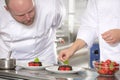 Professional chefs decorate dessert cake with lemon leaf