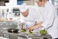 Professional chefs prepare steak dish at restaurant Royalty Free Stock Photo