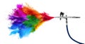 Professional chrome metal airbrush acrylic color paint gun tool with colorful rainbow spray holi powder cloud explosion isolated