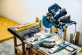 A professional circular saw with a miter in the woodcraft carpentry workshop. Royalty Free Stock Photo