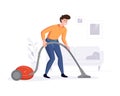 Professional cleaner cleans the house with a vacuum cleaner. Cleaning service professional duties offer conceps. Vector Royalty Free Stock Photo