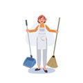 Professional Cleaner. people Character of Lady working as housekeeper is holding dustpan and broom. Flat vector illustration