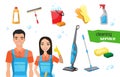 Professional cleaners team. Vector set of cleaning tools. Vector illustration of cartoon asian characters